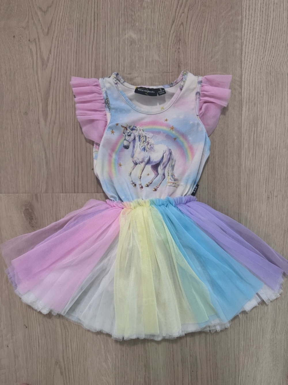 Rock Your Kid Unicorn Rainbow Tulle Dress with Pink Ruffle Sleeves